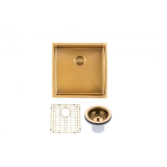 Brushed Gold 440x440x205mm Satin Stainless Steel Handmade Single Bowl Sink for Flush Mount and Undermount - Pacific Bathroom Products