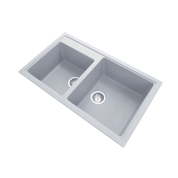 860 x 500 x 205mm Carysil Concrete Grey Double Bowl Granite Kitchen Sink Top/Flush/Under Mount - Pacific Bathroom Products