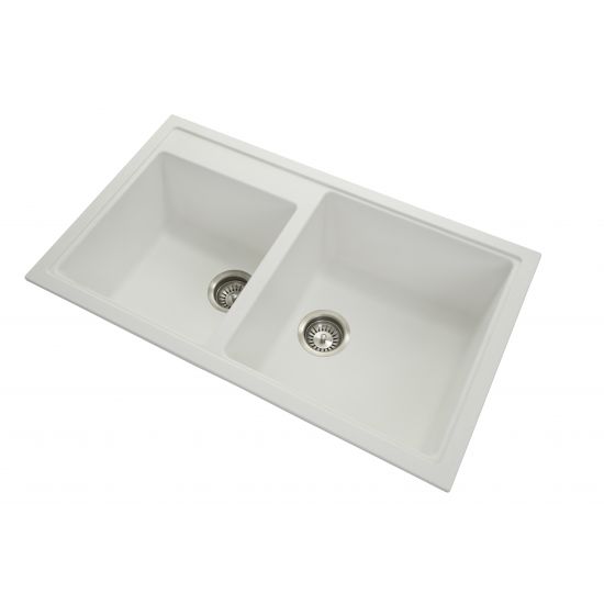 860 x 500 x 205mm Carysil White Double Bowl Granite Kitchen Sink Top/Flush/Under Mount - Pacific Bathroom Products